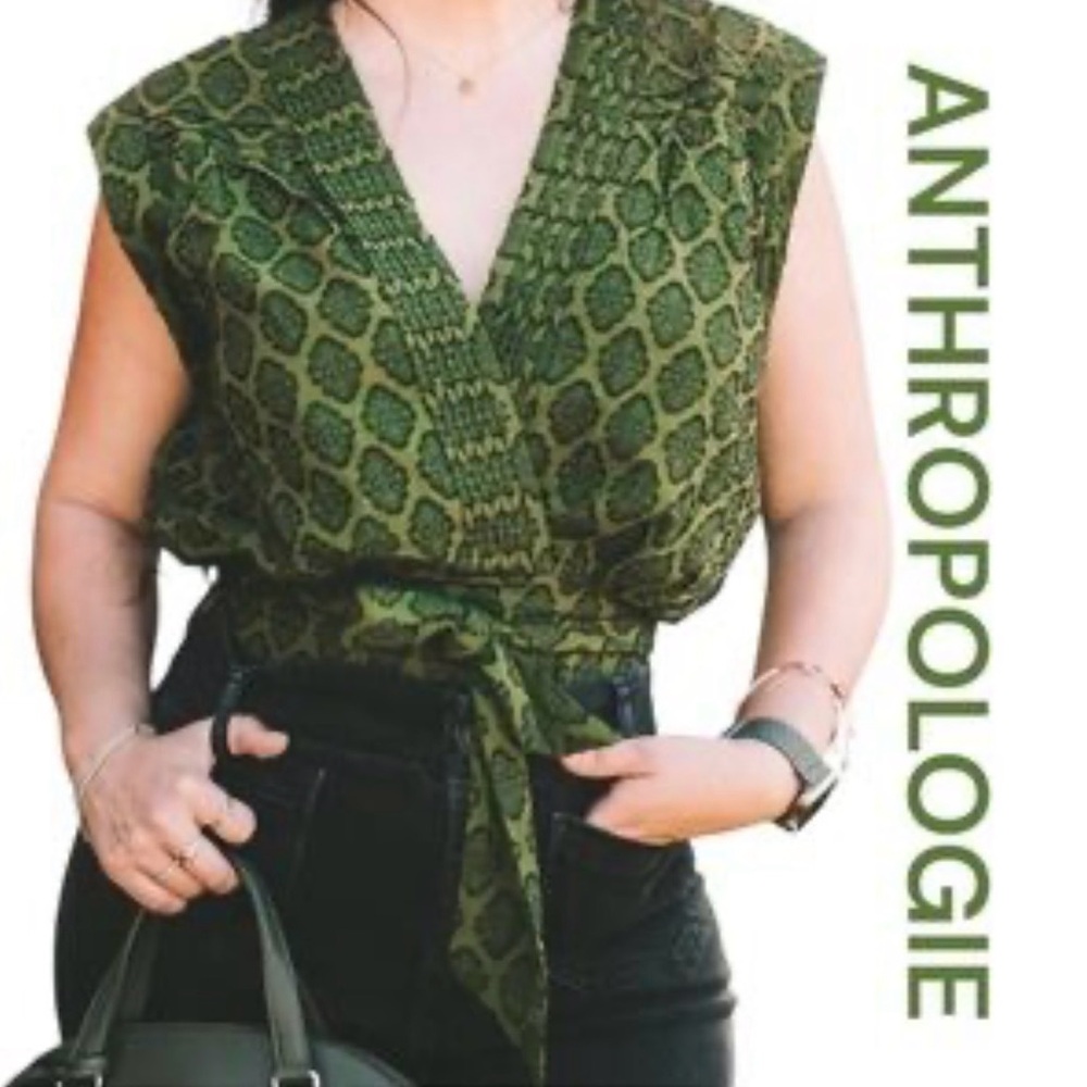 By Anthropologie Olive Green Printed Sleeveless Wrap-Style Top